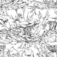Golden chanterelle girolle mushroom, blueberry berries. Fungi nature seamless pattern hand drawn in ink. Forest floor habitat ecosystem on top of fallen autumn leaves pile with twigs, branches vector