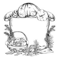 Basket of picked mushrooms on bark with moss lichen growth, horsetail stalks. Copy space frame hand drawn in ink. Fungi forest harvest, edible raw ingredient for vegan cooking, menu label cards vector