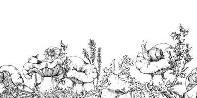 Russula webcap mushroom, snail on top, moss lichen growth, heather flowers. Seamless banner header hand drawn in ink. Forest floor habitat scene. Scrapbooking decoupage origami paper, stencils vector