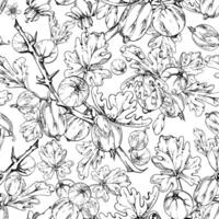 Gooseberry Currant with leaves flowers garden berry hanging on spiked thorny branches. Isolated seamless pattern tile hand drawn in ink. Craft drinks, grocery, background wallpaper, packaging vector