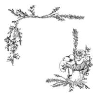Russula webcap mushroom, snail on top, moss lichen growth, heather flowers. Forest floor habitat nature scene. Square corner frame hand drawn in ink. Gardening guides calendars, cards labels vector