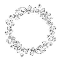Currant gooseberry with leaves cluster bunch on stem, ripe garden berry casseille juneberry jostaberry, ink hand drawn. Isolated wreath frame crown. Cookbook, grocery store, gardening guides vector