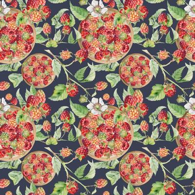 Raspberry berries, branches leaves served on ceramic dish, ripe picked harvest hand drawn in watercolor. Seamless pattern isolated on dark. Farmers market grocery menu, food packaging, wrapping paper