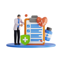 A doctor is standing next to a clipboard with a heart and a check mark png