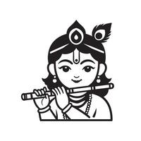 Black and white illustration of Krishna playing flute with peacock feathers in indian traditional Hindu mythology vector