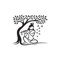 Illustration of lord sree krishna Playing Flute Beneath a Flowing Tree vector