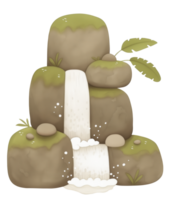 Waterfall flowing over stones with greenery in a serene natural setting during daylight hours png