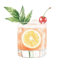 Refreshing summer cocktail with lemon, cherry, and mint garnishing on a clear glass png
