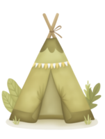 Cozy green tent surrounded by foliage in a calm nature setting perfect for outdoor adventures and relaxation png