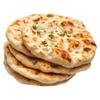 Stack of traditional naan flat breads with green garnish isolated on transparent background png