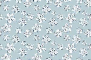 Seamless floral pattern with playful white crayon style flowers on a pastel blue background. Fun, cheerful, and artistic design for kids products, fabrics, and stationery vector