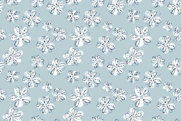 Seamless floral pattern with playful white crayon style flowers on a pastel blue background. Fun, cheerful, and artistic design for kids products, fabrics, and stationery