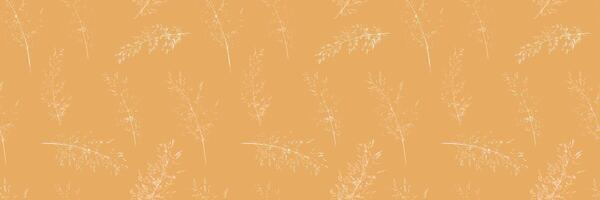 Seamless pattern featuring delicate, hand drawn grass stems in a vintage style. Mustrat yellow background complements the subtle botanical design for textiles, wallpaper, packaging vector
