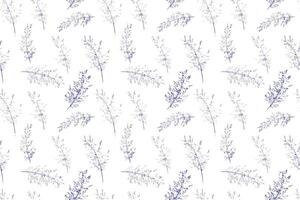 Elegant seamless pattern with hand drawn wild grass stems in navy and blue on a white background. A delicate, minimal botanical design perfect for fabrics, wallpapers, packaging, branding vector
