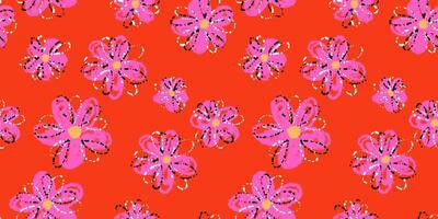 Seamless floral pattern with playful hand drawn pink daisies on a vivid red background. Vibrant paint splashes add a fun, childlike, and artistic touch. Ideal for kids designs vector