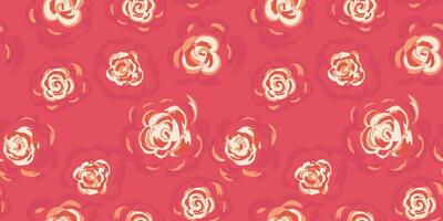 Elegant seamless floral pattern with hand drawn abstract roses in cream and peach tones on a warm coral red background. Perfect for textiles, wallpapers, packaging, and romantic themed designs. vector