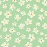 Seamless floral pattern with hand drawn daisies and centers on a pastel mintd, green background. Playful and fresh design for textiles, kids products, summer and spring themes vector