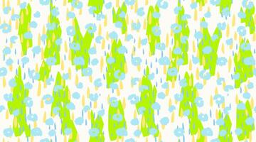 Seamless abstract pattern with bold green shapes, blue and yellow raindrop elements, and hand drawn floral dots. Modern, playful design for textiles, wrapping, or digital background vector