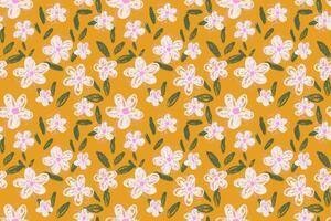 Seamless floral pattern with hand drawn flowers and green leaves on a yellow background. Vivid and whimsical design template for textiles, wrapping paper, stationery vector
