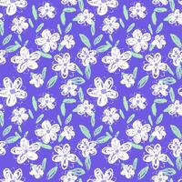 Seamless pattern with crayon style flowers and leaves on a violet, purple background. Playful and vivid design for kids, textiles, wrapping paper, summer and spring themes vector