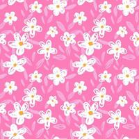 Seamless pattern with white hand drawn flowers and pink leaves on a vibrant pink background. Crayon texture gives a playful and cheerful feel. Template for kids design, fabric,stationery vector
