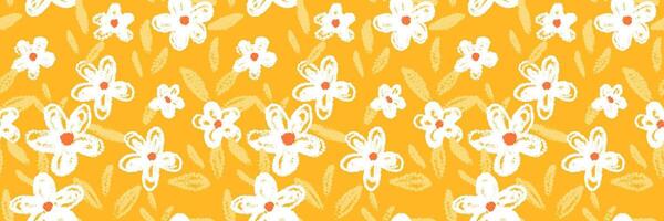 Seamless floral pattern with playful crayon style flowers and leaves on a vibrant yellow background. Template for kids textiles, stationery, wrapping paper, and cheerful designs vector