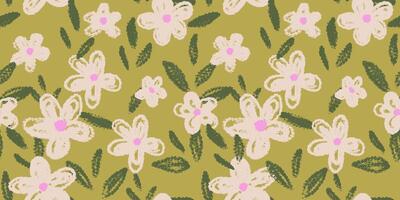 Playful seamless pattern with hand drawn flowers and leaves on a pastel mint green background. Template for kids textiles, wrapping paper, summer and spring decor vector