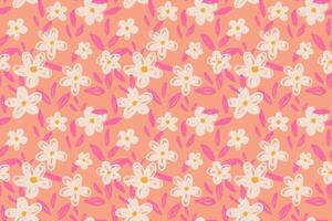 Seamless floral pattern with hand drawn flowers and leaves on a orange background. Playful and artistic design for fabric, packaging, and stationery vector