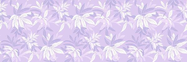 Seamless tropical leaf pattern with hand drawn style foliage in soft violet and lavender on a pastel purple background. Perfect for textiles, wallpapers, packaging, surface design vector