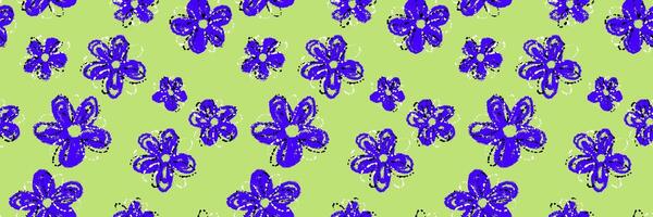 Seamless pattern with sketchy blue daisies and centers on a green background. Playful and cheerful design for children s products, stationery, summer and spring themes vector