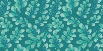 Seamless pattern with artistic teal leaves on a turquoise background. Perfect for textile prints, eco packaging, wallpaper, branding, and nature ornament surface design vector