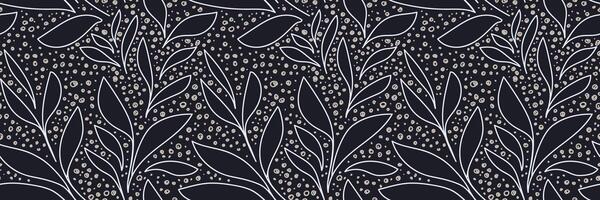 Seamless pattern with abstract botanical leaves outlined in white on a black background, accented with hand drawn beige dots. Simple trendy design for textiles, packaging, wallpaper vector