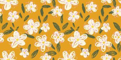 Seamless floral pattern with hand drawn crayon style flowers and textured green leaves on a mustard yellow background. Template for textiles, kids decor, and wrapping paper, prints vector