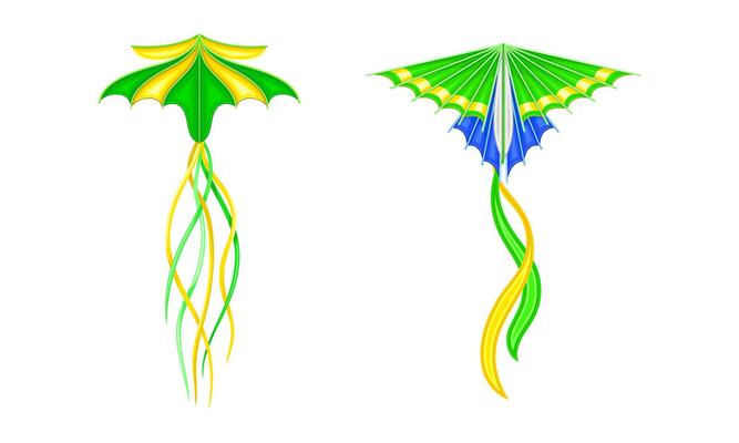 Bright kites set. Festival kite with ribbons cartoon illustration