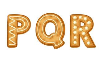 P,Q,R letters covered by icing sugar. Ginger cookies Christmas alphabet cartoon illustration vector