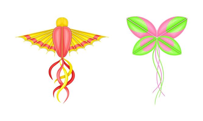 Bright flying kites of different shapes with ribbons, summer game toy cartoon illustration