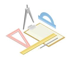 Geometry school subject supplies. Triangle, ruler, protractor, compass tool isometric illustration vector
