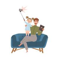 People using modern devices. Father and daughter sitting on sofa. Girl holding smartphone on selfie stick, dad using tablet pc cartoon illustration vector