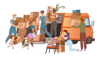 People moving to new apartments. Movers in overalls unloading cardboard boxes from van. Delivery service cartoon illustration vector