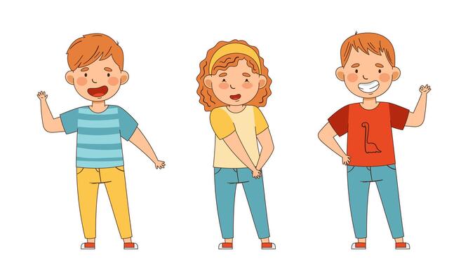 Emoji Girl and Boy Showing Ok Gesture and Waving Hand Set