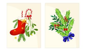 Xmas composition with red sock, candy cane, fir tree branches. Merry Christmas and Happy New Year Holidays card templates set illustration vector