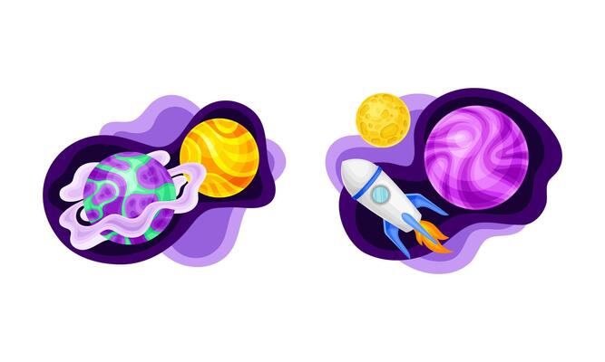 Solar System planets, moon abd space rocket. Fantastic cosmic illustration