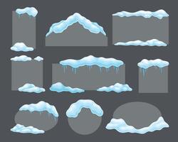 Blank frozen banner with snow and icicles of various shapes set, cold season holiday frames cartoon illustration vector