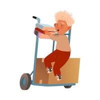 Cute boy sitting on cardboard boxes on push cart moving to new place cartoon illustration vector