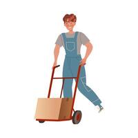 Delivery man in overalls using push cart to move boxes cartoon illustration vector