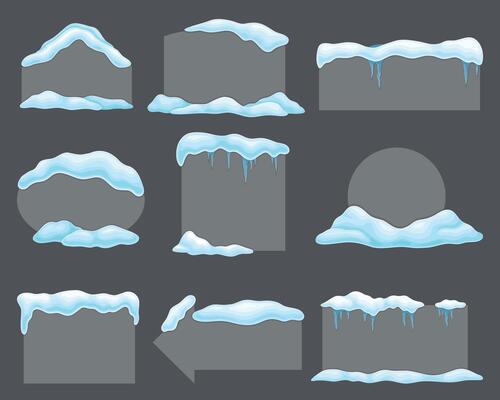 Gray blank frozen banners with snow and icicles set, cold season holiday frames with space fot text cartoon illustration
