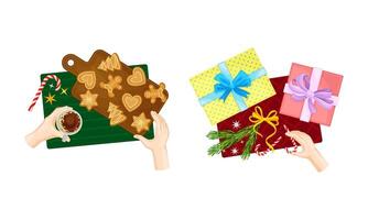 Christmas dinner table. Top view of human hands and festive objects on table illustration vector