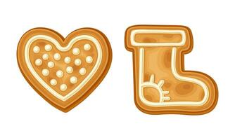 Gingerbread cookies of heart and boot shape set. Baked festive biscuits in icing sugar cartoon illustration vector