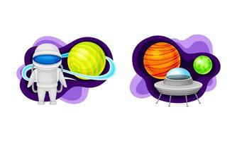 Solar System planets, space planets and alien spaceship. Fantastic cosmic illustration vector
