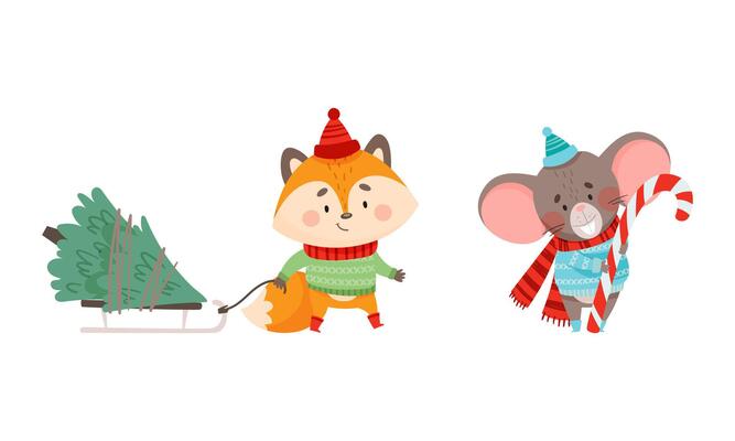 Happy animals celebrating Christmas set. Cute fox and mouse characters wearing warm winter clothes with candy cane and Xmas tree cartoon illustration